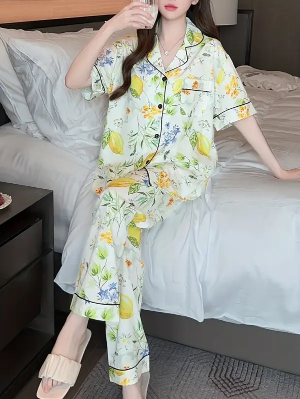 Elegant Floral Print Pajama Set Short Sleeve - Image 6
