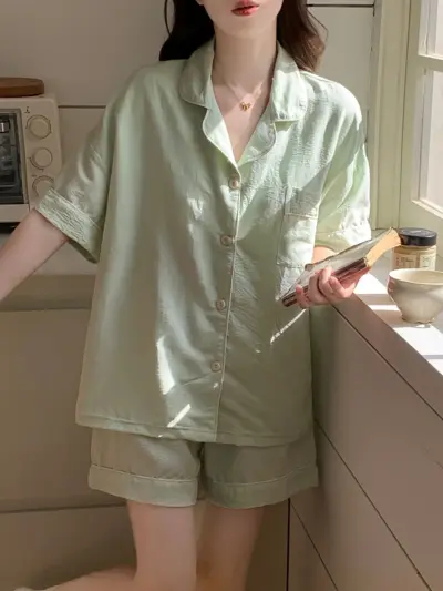 Green Loose Large Size Fashion Simple Collar Pajamas