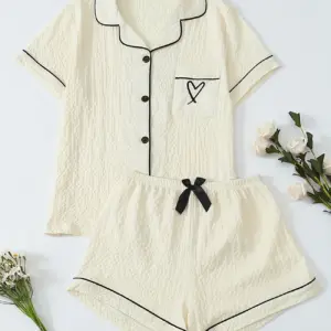 Heart-Shaped Embroidery Simple Pajamas Set