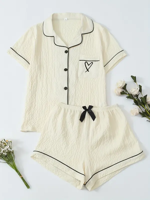Heart-Shaped Embroidery Simple Pajamas Set