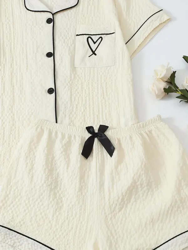 Heart-Shaped Embroidery Simple Pajamas Set - Image 4
