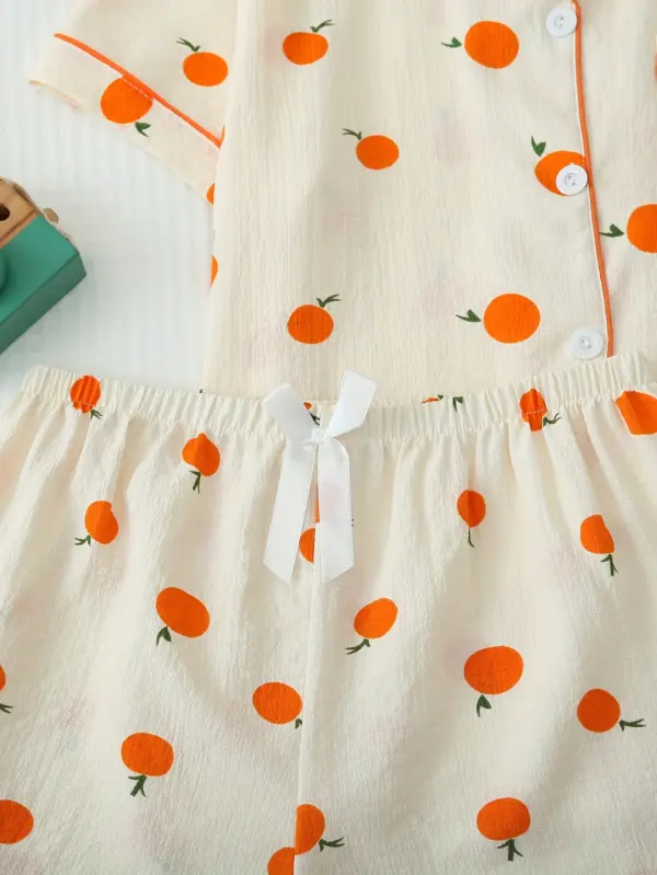 Orange Fruit Print Textured Pajama Set Short Sleeve - Image 8