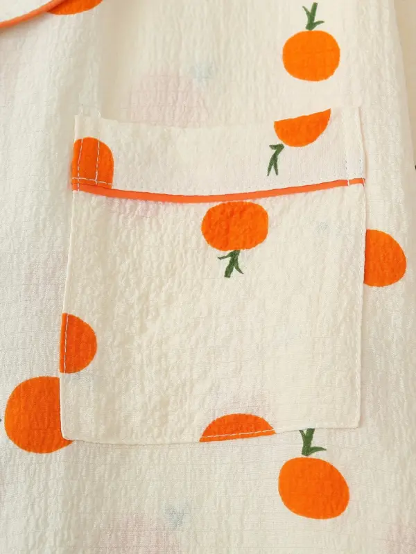 Orange Fruit Print Textured Pajama Set Short Sleeve - Image 7