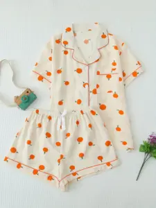 Orange Fruit Print Textured Pajama Set Short Sleeve