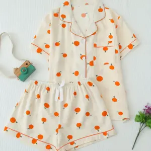 Orange Fruit Print Textured Pajama Set Short Sleeve