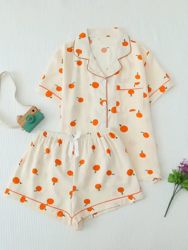 Orange Fruit Print Textured Pajama Set Short Sleeve