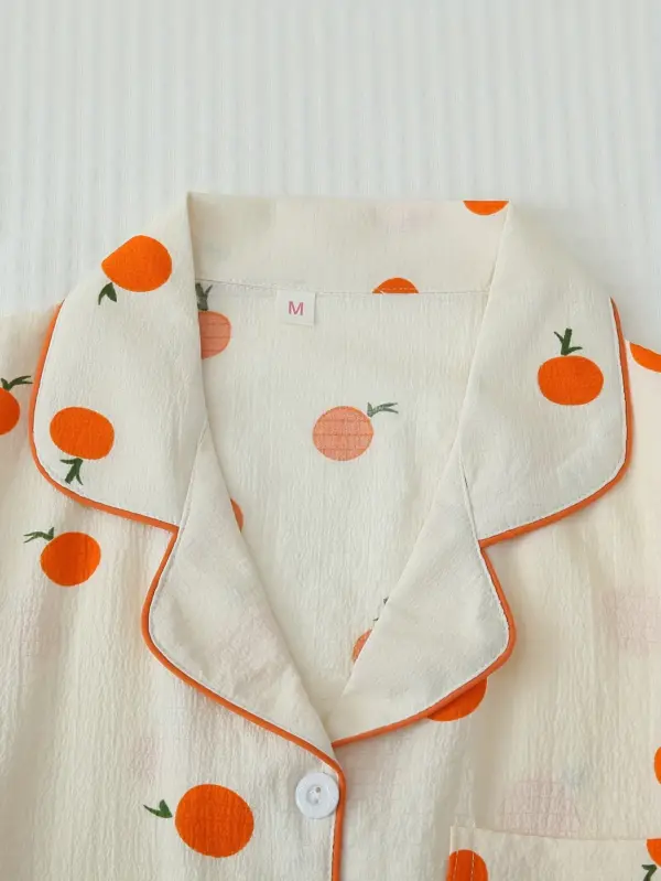 Orange Fruit Print Textured Pajama Set Short Sleeve - Image 4