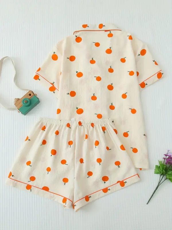 Orange Fruit Print Textured Pajama Set Short Sleeve - Image 3