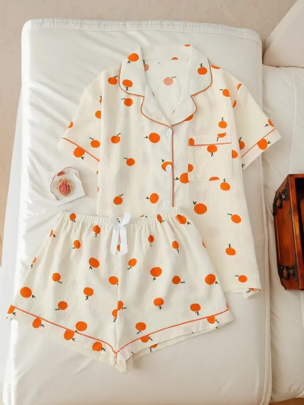 Orange Fruit Print Textured Pajama Set Short Sleeve - Image 2