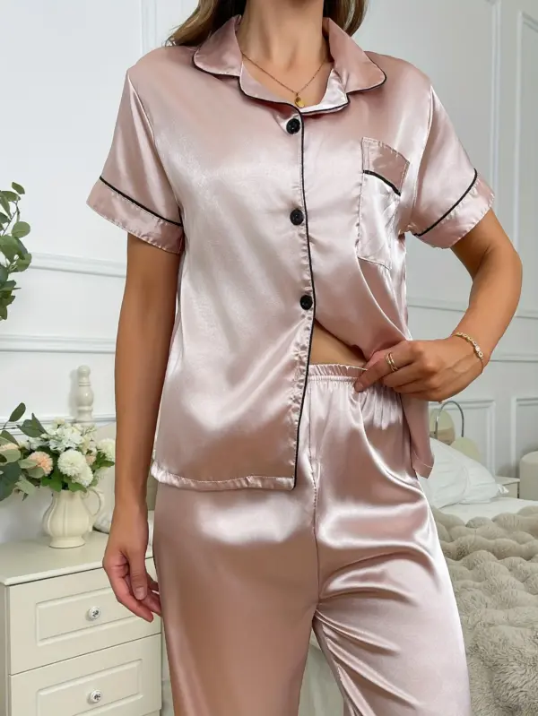 Pink Satin Short Sleeve Top and Pants Pajamas Set - Image 6