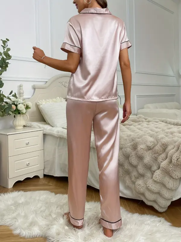 Pink Satin Short Sleeve Top and Pants Pajamas Set - Image 5