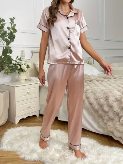 Pink Satin Short Sleeve Top and Pants Pajamas Set