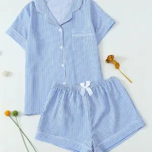 Striped Print Youth Short Sleeve Shorts Pajama Set