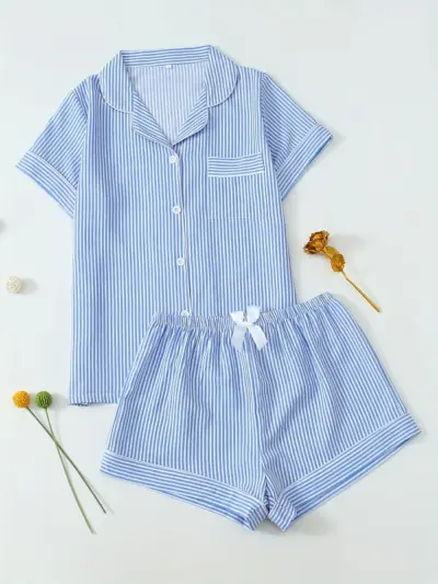Striped Print Youth Short Sleeve Shorts Pajama Set