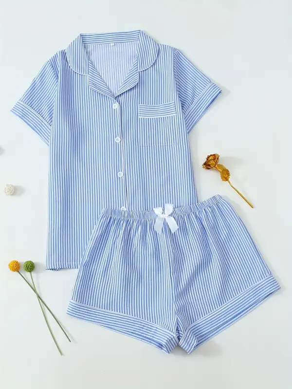 Striped Print Youth Short Sleeve Shorts Pajama Set