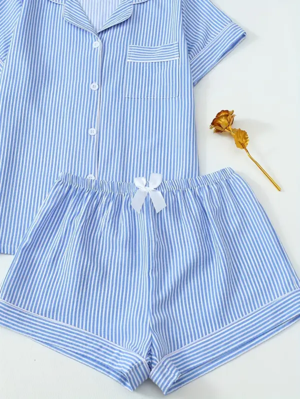 Striped Print Youth Short Sleeve Shorts Pajama Set - Image 2