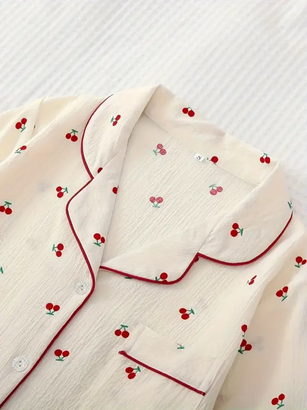 Two-Piece Women's Cherry Print Summer Pajama Set - Image 6