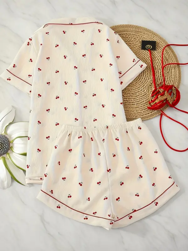 Two-Piece Women's Cherry Print Summer Pajama Set - Image 5