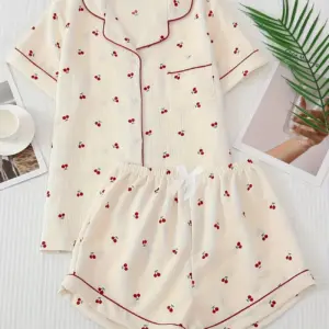 Two-Piece Women's Cherry Print Summer Pajama Set