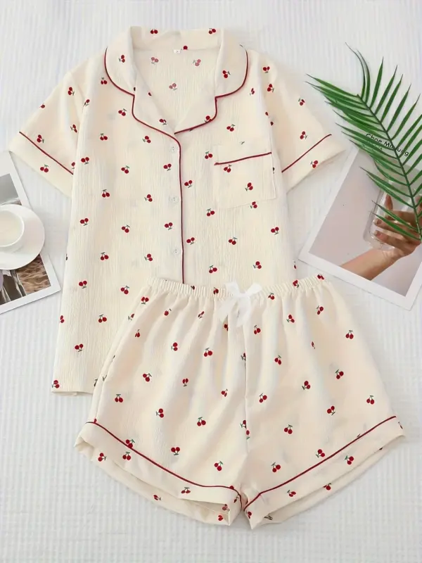 Two-Piece Women's Cherry Print Summer Pajama Set