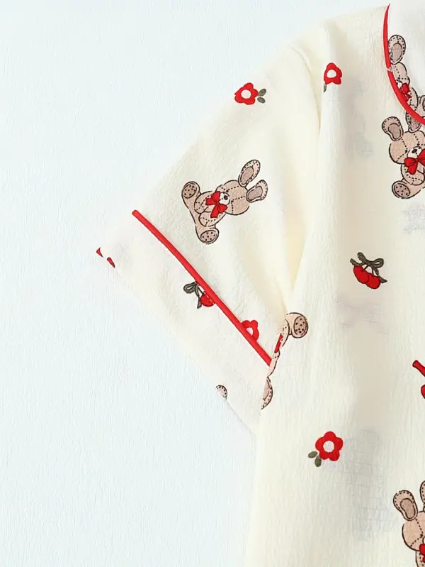 Casual Pajama Set with Bowknot Rabbit Print For Women - Image 3