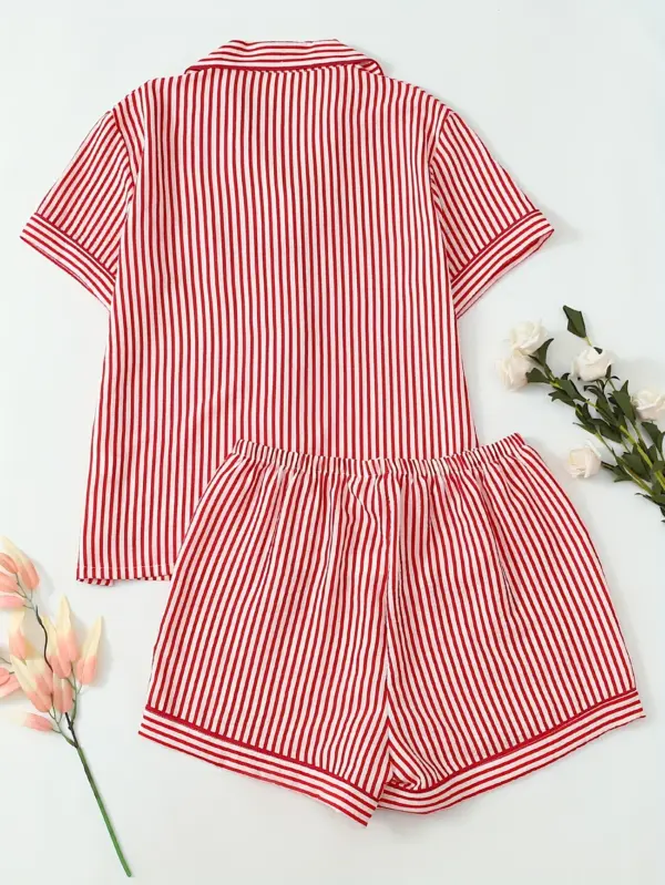 Red Stripe Pattern Women Short Sleeve Pajama Set with Shorts - Image 5