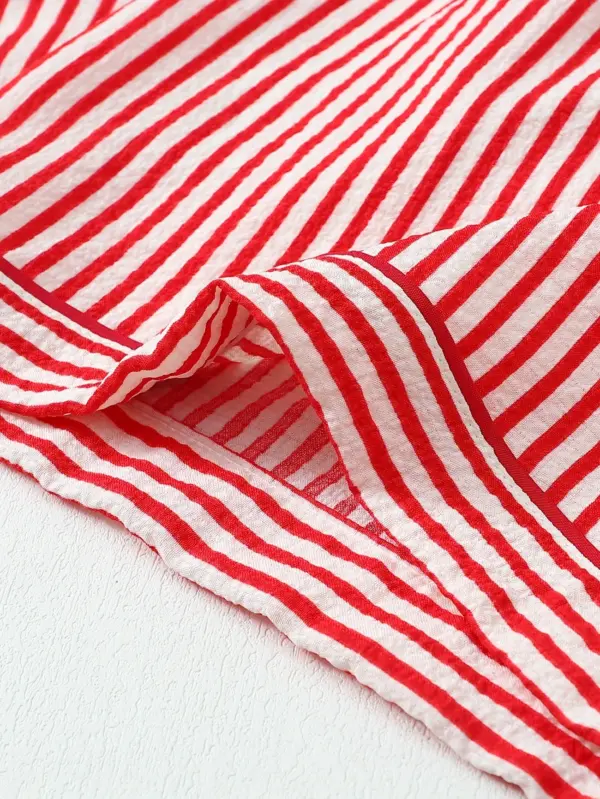 Red Stripe Pattern Women Short Sleeve Pajama Set with Shorts - Image 4