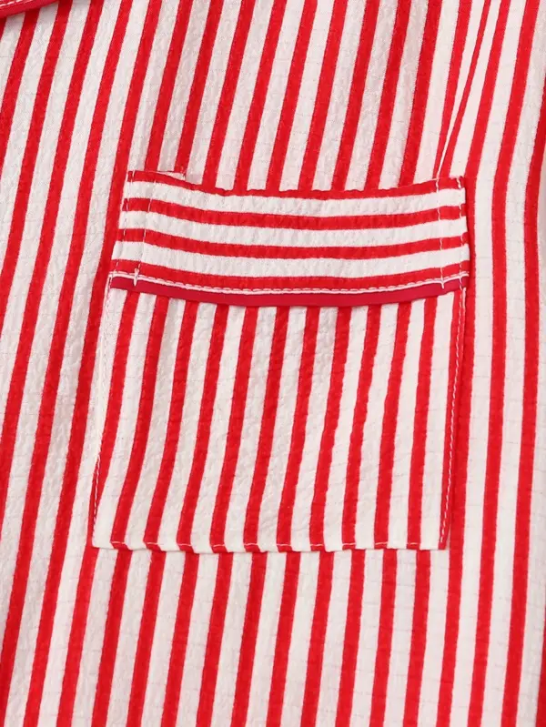 Red Stripe Pattern Women Short Sleeve Pajama Set with Shorts - Image 3