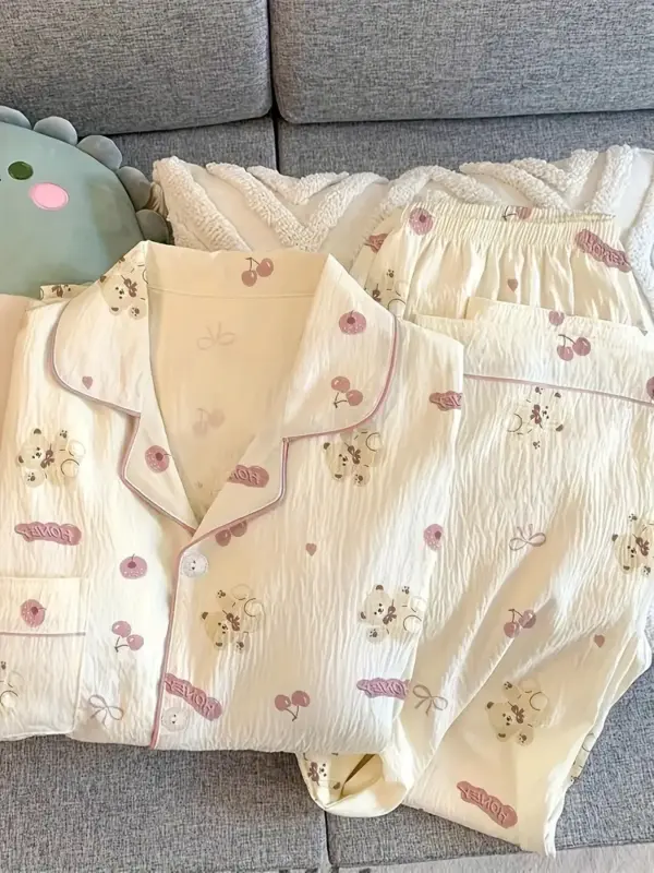 Cherry Blossom Bear Cute Casual Pajama Set - Image 5