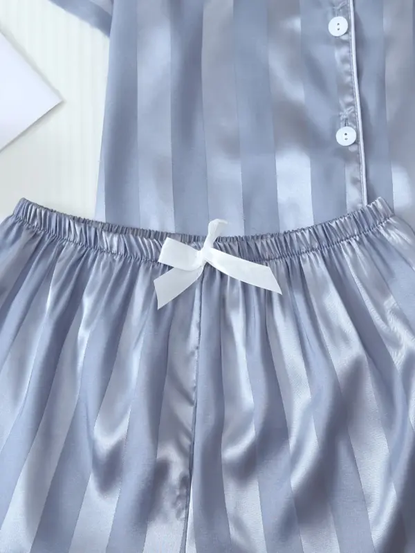 Two Piece Blue Satin Pajama Set Short Sleeve With Shorts - Image 4
