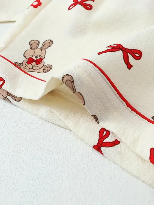Casual Pajama Set with Bowknot Rabbit Print For Women - Image 2