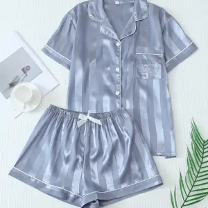 Two Piece Blue Satin Pajama Set Short Sleeve With Shorts