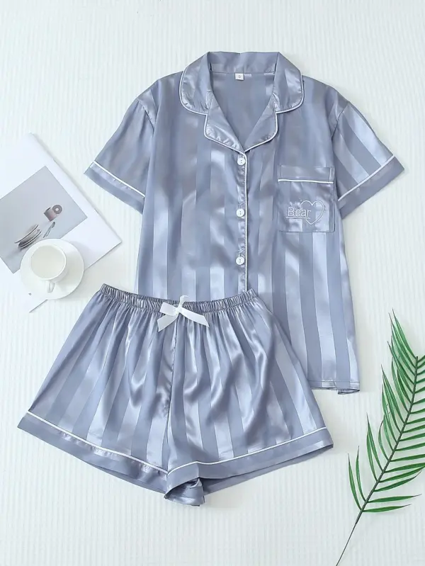 Two Piece Blue Satin Pajama Set Short Sleeve With Shorts