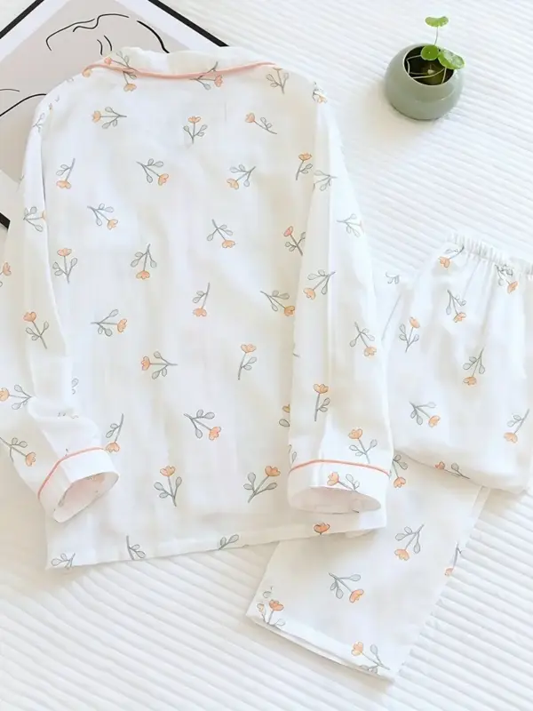 Adorable Flower Thin Japanese-style long-sleeve pajama set for women - Image 2