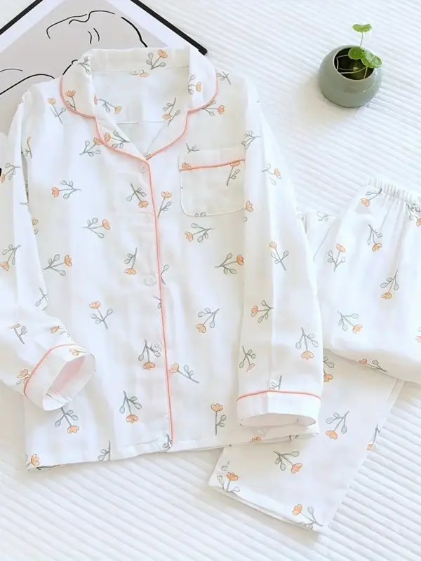 Adorable Flower Thin Japanese-style long-sleeve pajama set for women