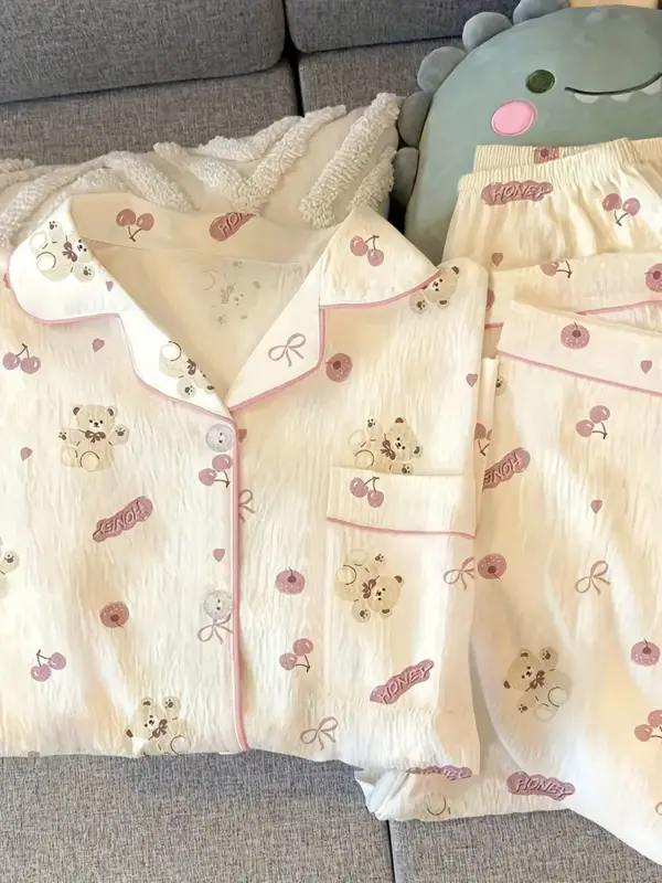 Cherry Blossom Bear Cute Casual Pajama Set