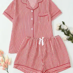 Red Stripe Pattern Women Short Sleeve Pajama Set with Shorts