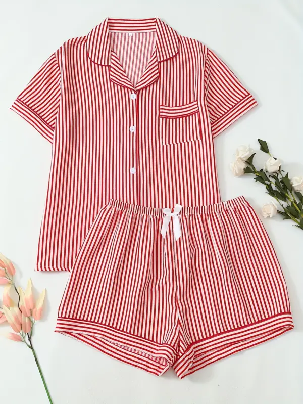 Red Stripe Pattern Women Short Sleeve Pajama Set with Shorts